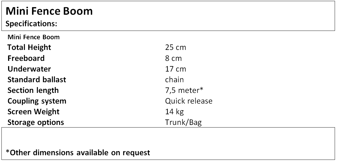 Mini Fence Boom Specifications